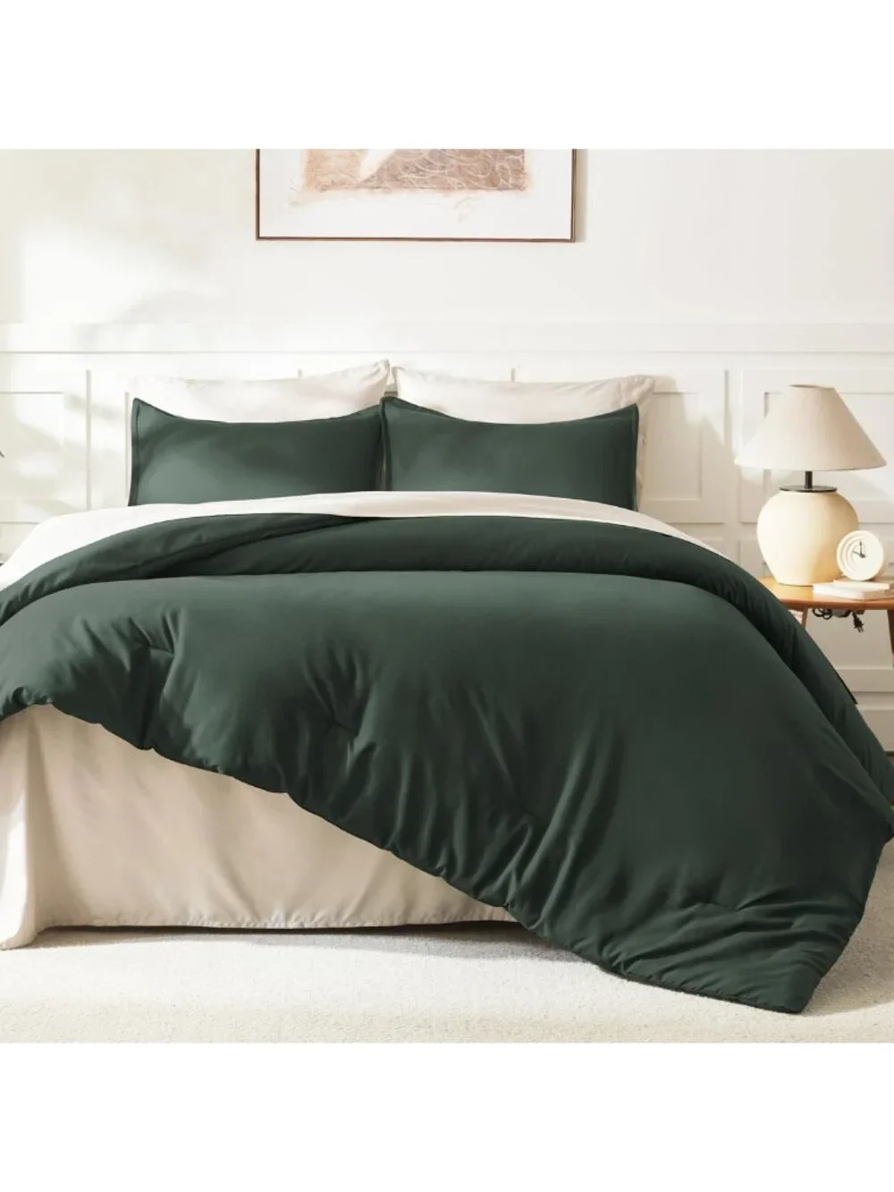 Forest Green Oversized Queen Comforter Set - 3 Piece Solid Bedding for Cozy